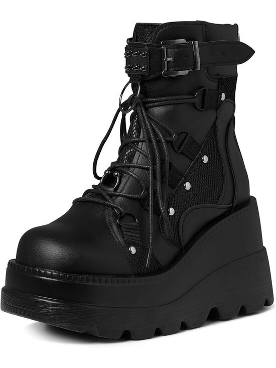 Shoes - Women's Black Polyurethane Platform Chunky Stylish Lace Up Round Toe Ankle Boots